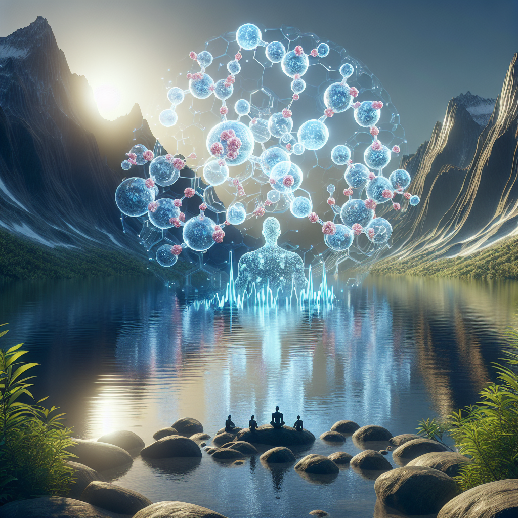 Create a detailed, high-quality, and photorealistic image that illustrates the relationship between ALS (Amyotrophic Lateral Sclerosis) and the impact of proximity to water. The image should depict a serene water body with stunning visuals of its molecular composition or effect on a theoretical human biology. Important concepts should be highlighted with natural lighting and soft shadows to shed light on the profound insights.