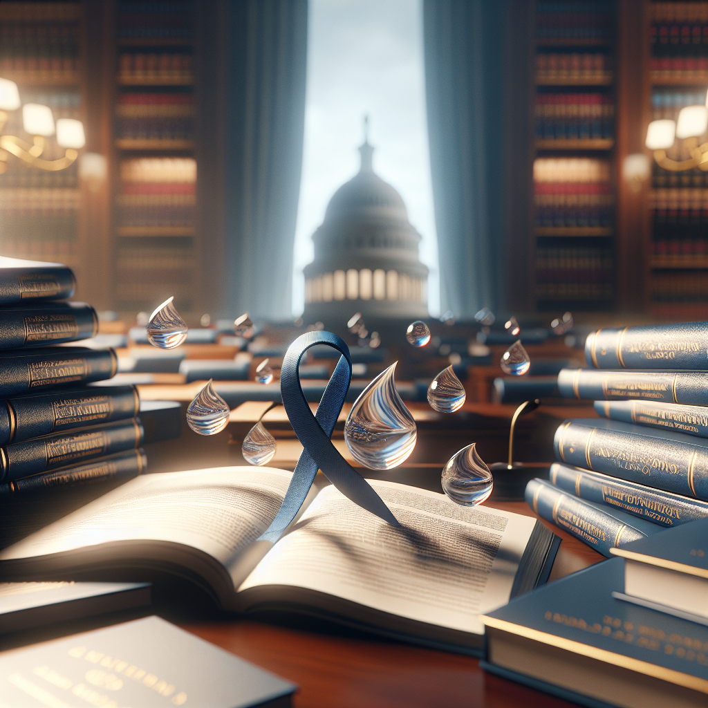 Create a photorealistic image with a significant emphasis on natural lighting and soft shadows that depicts the concept of 'ALS Combat: Must-Read Public Policy for Water Solutions'. It should portray a series of literature related to public policy on water solutions, perhaps spread on a table, within a scholarly or legislator setting. To signify the 'combat' against ALS, the image might contain symbols such as water droplets [signifying water solutions] and probably a ribbon [common symbol for ALS].