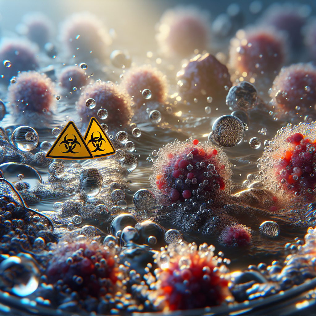 A high-quality, photorealistic image portraying a health threat from contaminated water. The image communicates the risk of a Hepatitis outbreak, emphasizing the stunning reality of it. It employs natural lighting and soft shadows to create an impactful scene. Specific elements could include close-ups of water droplets tainted with microorganisms, health warning symbols, and dramatic contrast to underscore the seriousness of this public health issue. Note: no explicit or graphic content, stick to symbolic and visual impacts of such a threat.