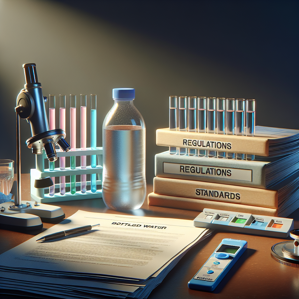 A well-lit, photorealistically rendered image of a thematic scene representing bottled water regulations. The scene includes a table with test tubes, pH strips, and a microscope on it, indicating scientific investigation. Nearby, a stack of official-looking documents labeled with words like 'Regulations', 'Oversights', and 'Standards', showing neglect or laxity in their enforcement. A semi-transparent bottled water is also on the table, symbolizing the subject matter. All are illuminated softly, casting gentle shadows.