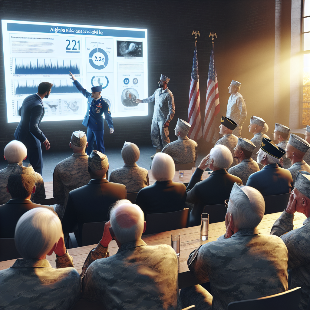 Create a photorealistic image of a scene with a heavy emphasis on natural lighting and soft shadows. This image should feature a group of veterans, who are a diverse mix of genders, ages and descents. They are viewing a presentation that is revealing potential risks associated with alkaline water. Show a mixture of surprise, shock, and intrigue on their faces as they process this information. The information on the presentation could include various charts and diagrams on a screen in the background. However, no specific real people or brands should be recognizable in this scene.