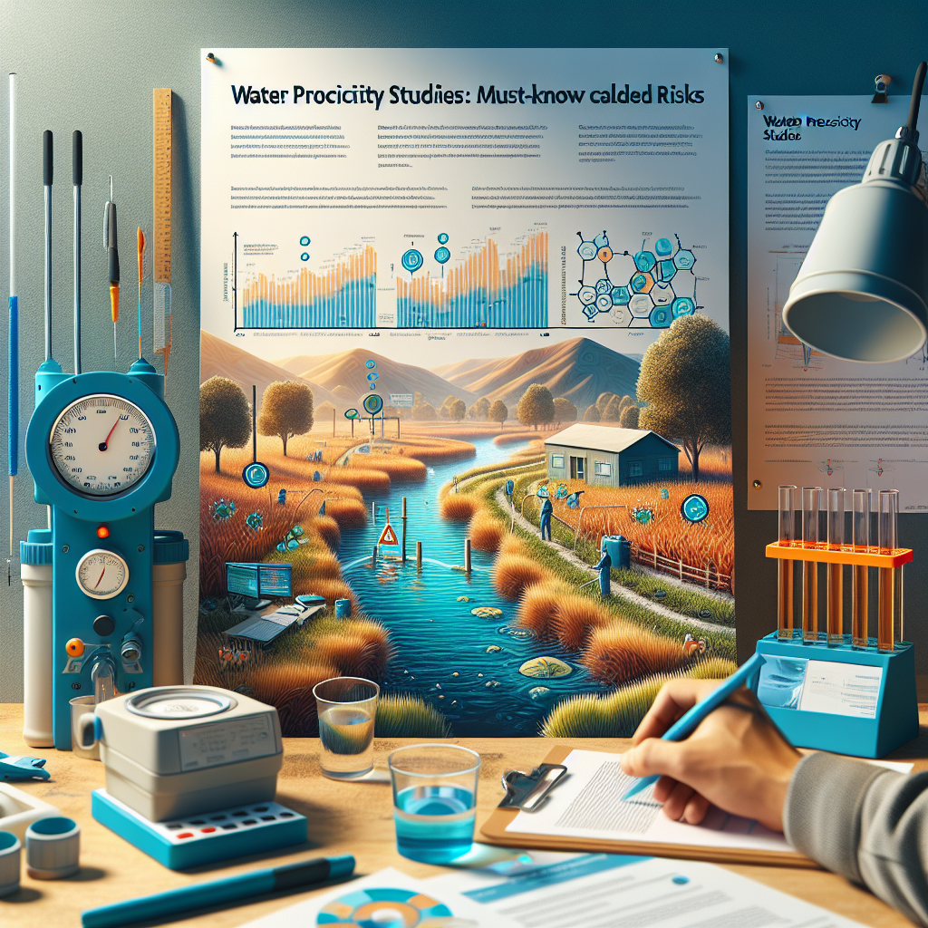 Create a vivid image that displays the Water Proximity Studies: Must-Know Recalled Risks. It should depict a research location near a river or lake, with the setup of scientific equipment like water meters, water quality test kits, research papers, and a poster highlighting the main risks of living near water bodies. Capture the scene under natural lighting and create a sense of environment with soft shadows. The image should detail the meticulous preparation required for such a study and highlight the gravity of the associated risks.