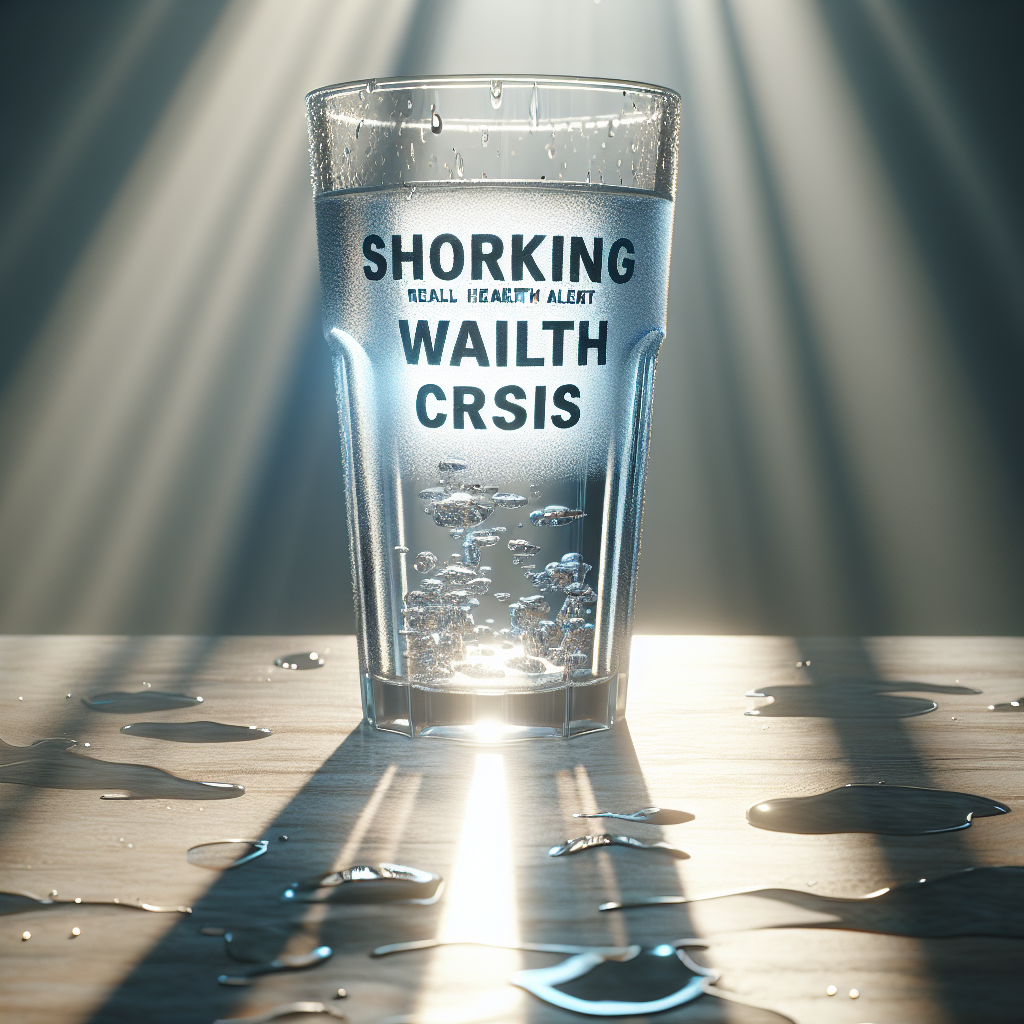 Produce a photorealistic piece capturing a health crisis scenario related to water purity. The image should depict a glass of water under natural light, with the visual effect of soft shadows to add depth. The water in the glass should appear impure with visible contaminants to signify the 'shocking health crisis'. The image should also incorporate an urgent textual message, 'Real Water Alert', in bold, alarming font to grab viewer attention and underline the severity of the issue. Please avoid including any identifiable individuals in the composition.
