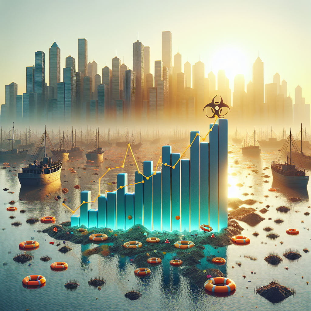 Vibrant image of a cityscape under a setting sun, the skyscrapers casting soft shadows across the scene. In the foreground, a body of water with visible signs of pollution, such as floating debris and a murky color, strikes a stark contrast. Attached to the polluted water, a realistic 3D graph is emerging, symbolizing an alarming increase in hepatitis rates, each bar of the graph represented by a hospital symbol. Subtle, yet powerful warning signs related to health and the environment subtly woven into the scenery, inspiring a call to action to tackle urban water pollution.