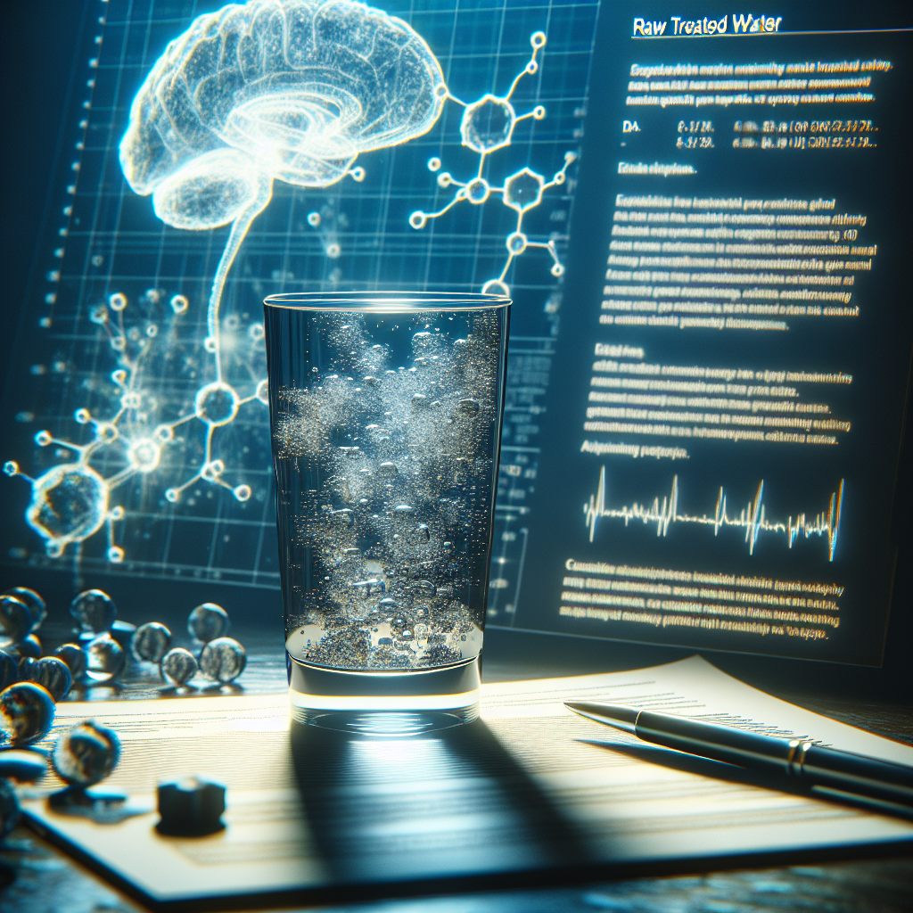 Generate a high-quality, photorealistic image that exhibits an interesting scene about Raw Treated Water. The image should be impactful and visually suggestive towards shedding light on the link between this water and the health risks, specifically ALS. Use natural lighting, soft shadows to create a visually striking contrast. This should not be an image of literal interpretations but more of symbolism and allegories. For example, an intact glass filled with murky water, a document on the side with statistical data on ALS, and maybe a visible, but ghostly, neurological neural network superimposed onto the scene.