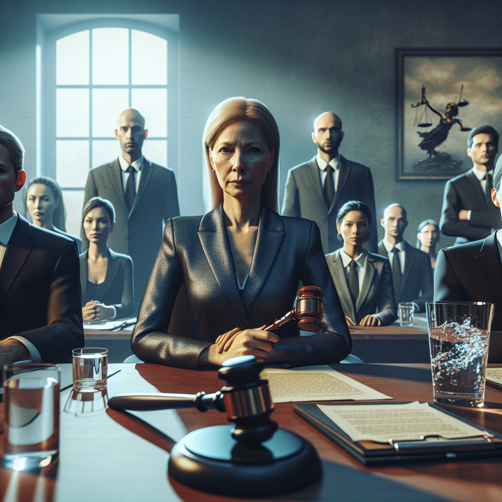 Generate a photorealistic image showcasing a high-stakes legal battle scene with the theme 'Accountability'. Show a room of serious-looking professional individuals. Their roles are a mix of lawyers, defendants, and jurors. Demonstrate the seriousness of the situation with the use of natural lighting and soft shadows. Add a touch of reality by showing documents strewn across a table, a witness on the stand, and a judge overseeing the process. The central figure is the CEO of a water company, a middle-aged, Caucasian woman holding a gavel representing 'accountability'. Ambient around them are symbolic water elements, suggesting it is about a water company.