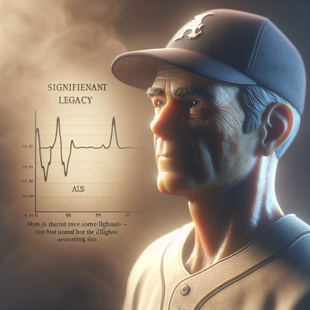 Create a high-quality, photorealistic image showing the significant legacy of a famous baseball player who was admired for his skills and perseverance. The image should also include some informative text about ALS, an illness associated with this player. Use natural lighting and soft shadows to achieve a calm and solemn atmosphere.