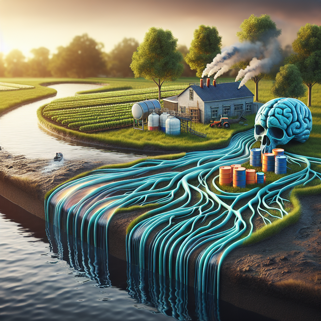 Produce a high-quality, photorealistic image featuring a conceptual illustration of pesticide runoff. Include a rural farm with several pesticide containers and a river nearby, illustrating the concept of contamination seeping into the water. To represent the shocking link to increased ALS risk, create an abstract visualization of nerve cells being damaged. To emphasize natural lighting, paint the image with a soft setting sun in the background casting long, gentle shadows. The primary representation should be dark and ominous to underline the grave implications of the issue.