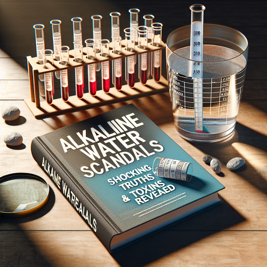 A visual representation of a conceptual theme - 'Alkaline Water Scandals: Shocking Truths & Toxins Revealed'. Imagine an open book with the ominous title, lying next to a glass of water with a pH strip indicating high alkalinity and a set of laboratory vials showing various toxins. The scene is set on a wooden table, with sunlight shining through a window casting soft shadows. A magnifying glass sits nearby, symbolizing scrutiny and discovery. Everything is rendered in a photorealistic style, using natural lighting and soft shadows.