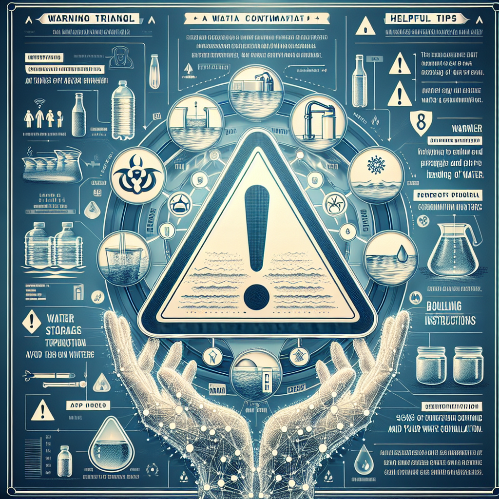 An intricate and high-resolution infographic presenting critical information regarding a water recall warning. The graphic should contain elements such as a warning triangle symbol, helpful tips to avoid potential sickness, including proper storage and handling of water, boiling instructions, and signs of contamination. The design should be eye-catching and use a clear font, with the use of natural lighting and soft shadows. Maintain a balance between realism and graphic simplicity to ensure readability.