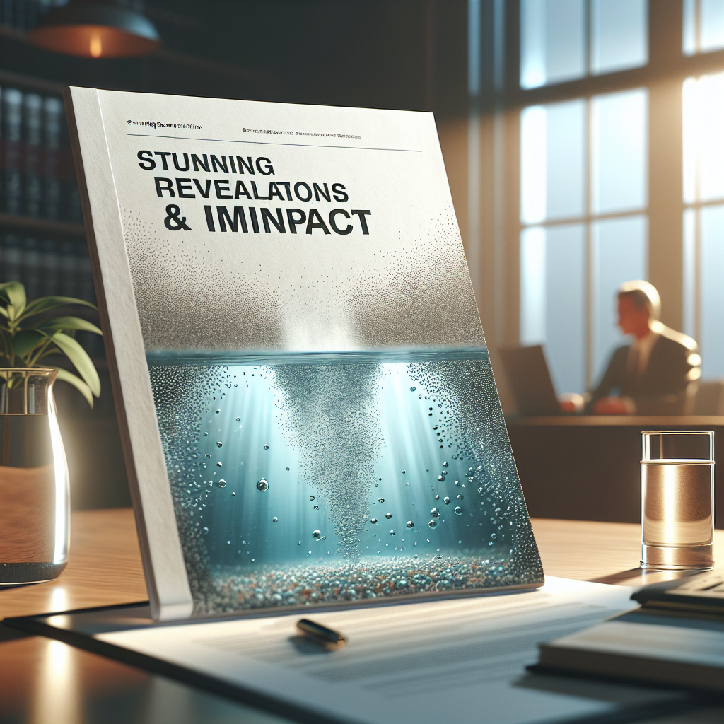 Generate a high-quality, photorealistic image that evokes a sense of accountability in the world of water purification business. There should be a prominently displayed document reading 'Stunning Revelations & Impact', illustrated with natural lighting and soft shadows. The scene suggests a pivotal moment for the unnamed CEO of a major water company.