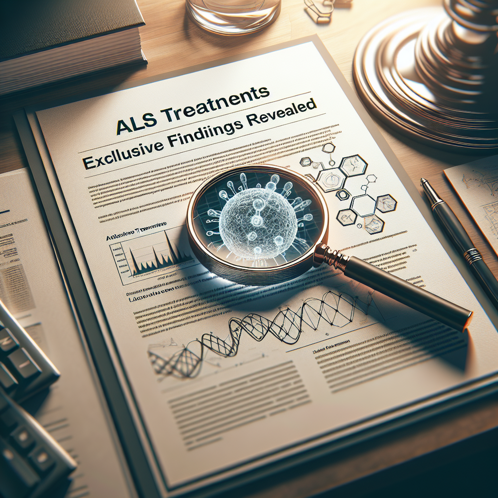 Generate an image of a document with a headline stating 'ALS Treatments: Exclusive Findings Revealed'. This document should appear to be a detailed report, with intricate scientific diagrams related to ALS research or treatments, positioned on a desk with soft, natural lighting casting gentle shadows around it. On the desk, also depict a magnifying glass highlighting some specific part of the report, symbolizing a deep focus on the findings.