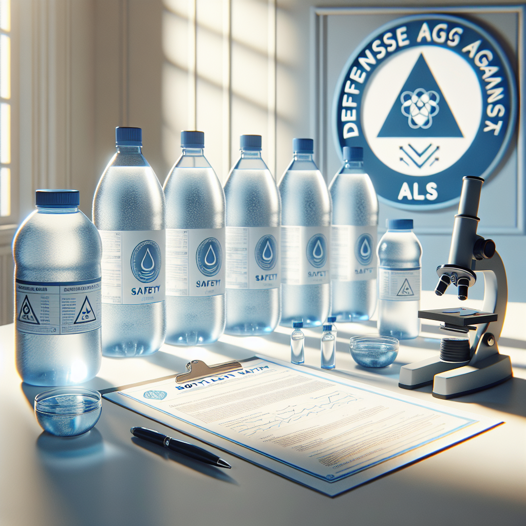 Create a photorealistic image highlighting the theme of bottled water safety. The setting should appear under natural lighting with soft shadows. Showcase a scene that includes a few bottled water samples carefully selected and arranged on a pristine white table, a detailed report indicating water safety parameters next to the bottles, and a logo symbolizing defense against ALS prominently displayed in the background. Please also include representations of a microscope and scientific testing equipment indicating the rigorous checks the bottled water has gone through.