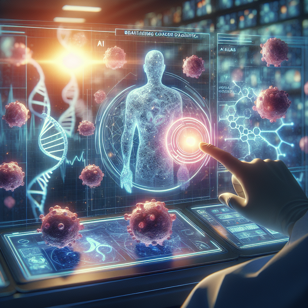 Create a distinct image representing breakthrough advancements in AI for Cancer Diagnostics. The scene should exhibit photorealistic qualities, favoring natural lighting and soft shadows. The main focus could be a glowing AI interface displaying complex biomedical data related to cancer research. Also, include symbolic elements such as cancer cells being identified by the AI or digital neurons symbolizing the AI's learning process. This image should radiate the optimism, progress, and potential that this technological evolution presents for the medical field.