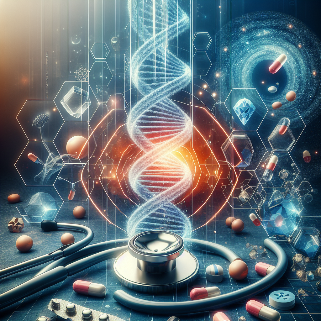 Picture a detailed and photorealistic image shedding light on the fascinating concept of quantum computing in medicine. Capture the juxtaposition of traditional medical symbols, such as a stethoscope and medication capsules, with the abstract representation of quantum computing. Imagine a digital hexagon grid, glowing quantum bits (qubits), and swirling vortex of data, all rendered with soft shadows and natural lighting. On the background, there's a 3D DNA double helix structure, symbolizing groundbreaking genetic studies made possible by quantum computing. The title 'Quantum Computing Medicine: Discover Stunning Breakthroughs' is written at the top in bold, futuristic letters.