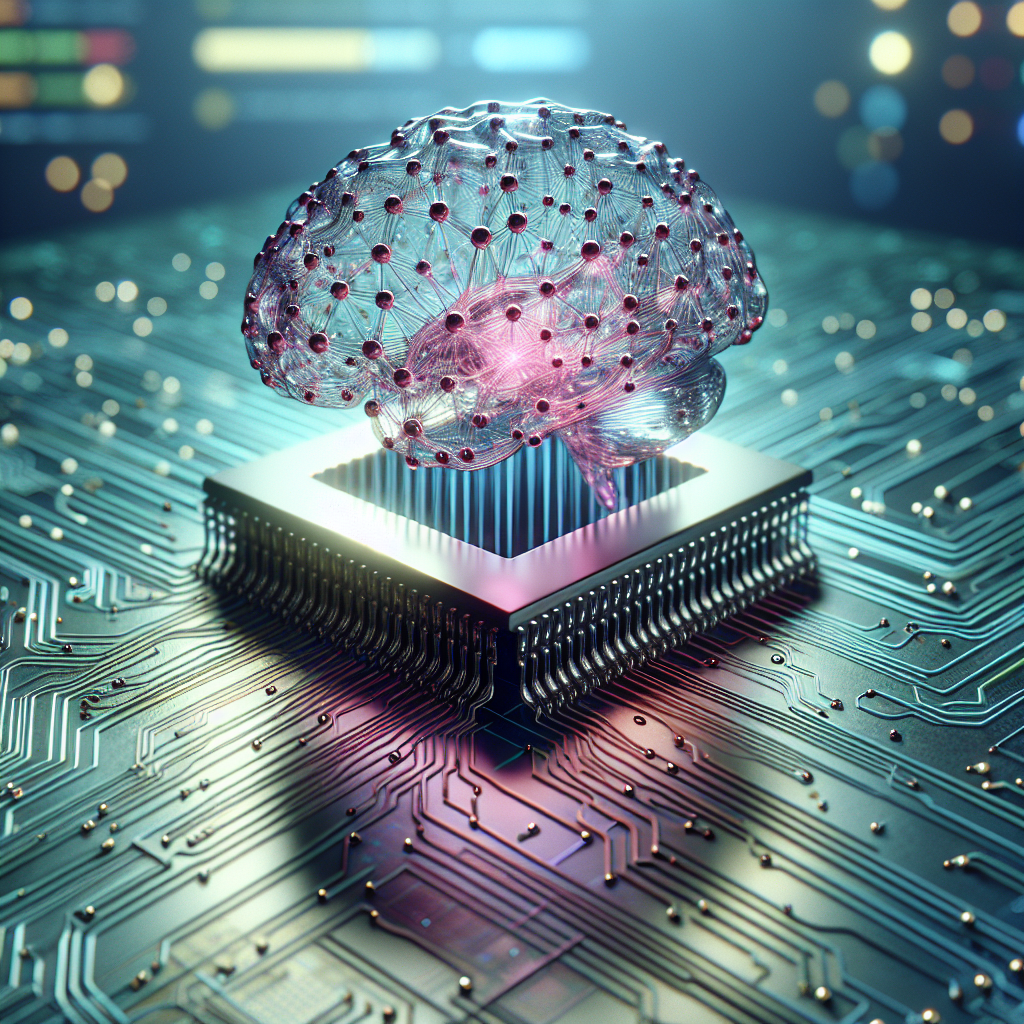 Generate a photorealistic and high-quality image, bathed in natural light with soft shadows. The focus should be on neuromorphic computing, a critical breakthrough solution in the field of Artificial Intelligence. Display it as a cutting-edge piece of technology, representing the intersection between the human brain and advanced computing. Perhaps incorporate visuals such as a silicon brain chip intricately wired and glowing, plans and diagrams symbolising its connections to the human brain, and a futuristic laboratory setting as its background.