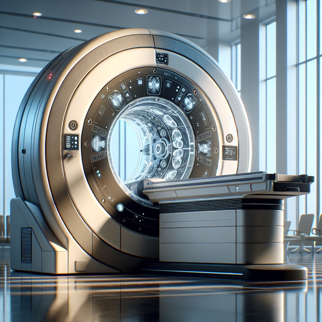 Envision a high-quality, photorealistic image showing the advances in imaging technology by 2025. The focus is a cutting-edge, portable MRI machine exhibiting intricate details. The device is sleek, embodying the pinnacle of technological sophistication. It is positioned in a medical setting, adding to its authenticity. The picture captures natural lighting filtering in from a nearby window, casting soft, intriguing shadows across the room. The overall scene conveys the immense progress of modern medicine and diagnostics.