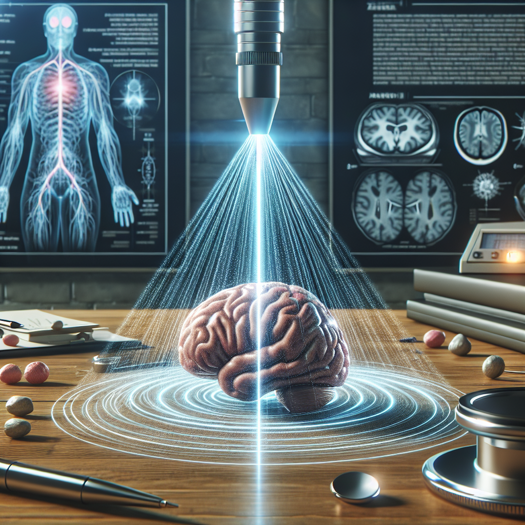 Create a photorealistic image that symbolizes a significant breakthrough in Neurology. Illustrate a concentrated ultrasound beam targeting a brain, signifying the Blood-Brain Barrier (BBB) disruption method used to treat neurological disorders. Add an aura of soft light around the beam to denote the natural lighting, and use soft shadows to provide depth to the illustration. Add scientific diagrams and notes around the edges for context and authenticity. The setting should be a well-equipped neurological lab, with a focus on the groundbreaking technology and procedures in the foreground.