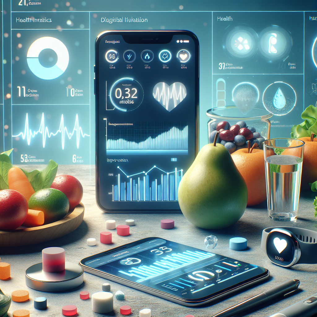 Create a vivid, photorealistic scene demonstrating the concept of digital therapeutics being used for managing diabetes. The image should display a modern technology interface with data visualization indicating improvement in health statistics, placed next to an assortment of healthy foods and a glass of water. Besides these, feature a sleek fitness tracking wristband and a smartphone both displaying health apps in action. Focus on incoporating natural lighting and soft shadow elements to enhance the realism. Throughout the image, maintain a visually impactful vibe that reflects the stunning potential of digital therapeutics in curing diabetes.