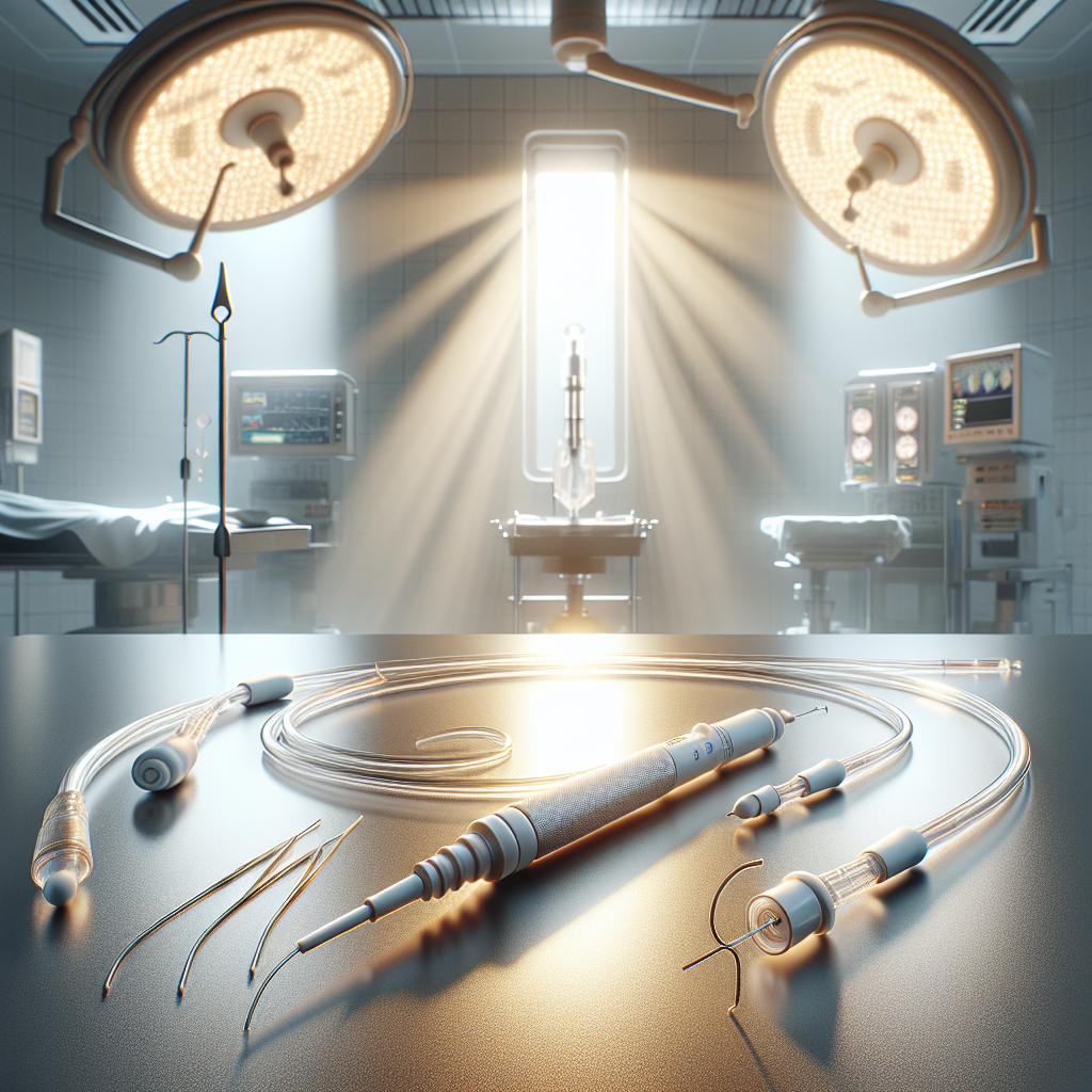 Create a detailed and high-quality, photorealistic image that depicts an endovascular catheter, a breakthrough technology in Pulmonary Embolism (PE) therapy. The setting should be in a brightly lit medical operating room with soft shadows cast by natural lighting streaming in through a window. The catheter should be prominently displayed in the center of the image, bathed in the soft glow of the natural light, while nearby surgical instruments subtly enhance the emphasis on the catheter. The sterile environment completes the setting and reflects the seriousness and importance of this medical breakthrough.