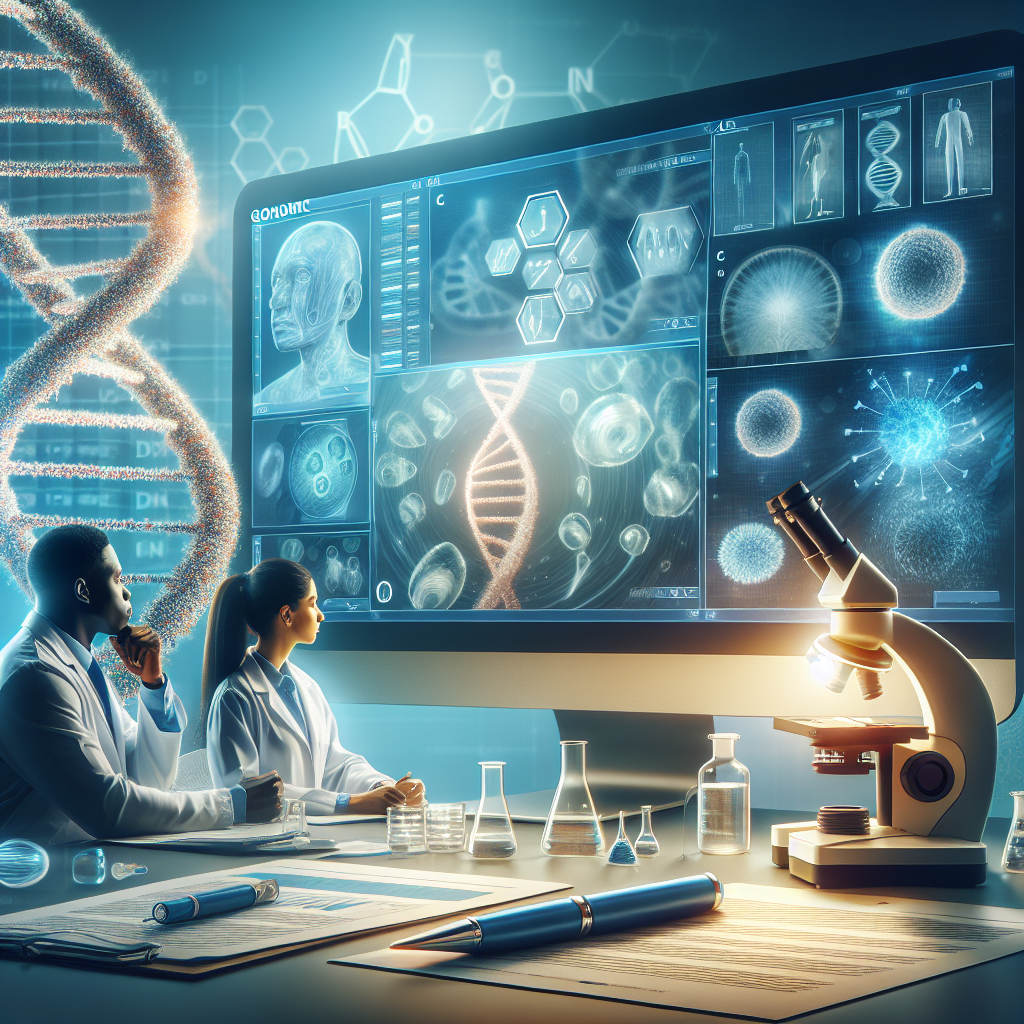 Create an image illustrating the concept of genomic testing in ALS (Amyotrophic Lateral Sclerosis). The image should include a DNA strand indicating genomic mapping, a computer screen displaying complex data patterns related to ALS genetics, a microscope emphasizing the scientific research involved, and some relevant medical documents. The setting is a state-of-the-art laboratory with natural lighting and soft shadows. Please include a banner text saying 'Breakthrough in Effective Therapies'. The researchers, a Black male and a Hispanic female, can be seen engaged in a thoughtful discussion about the new findings.