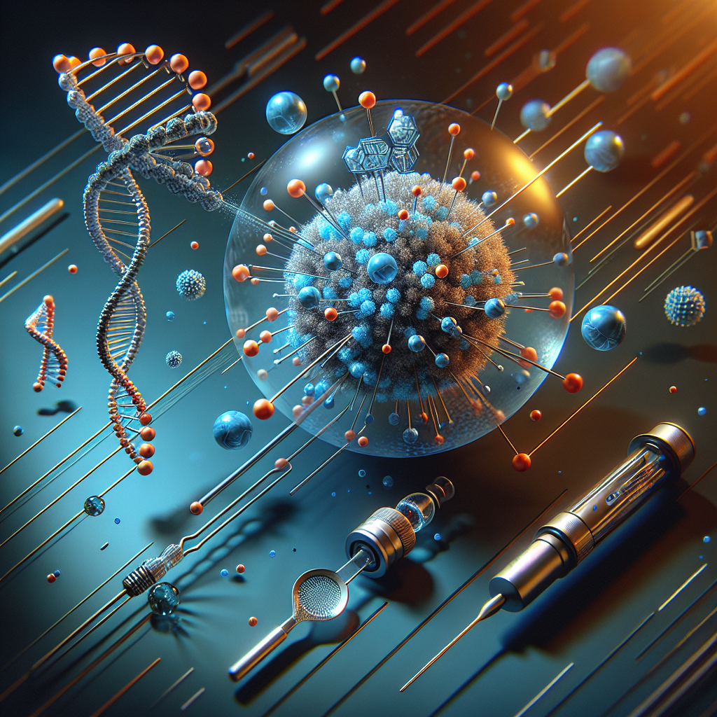 Create a high-quality, photorealistic image exemplifying the concept of nanomedicine biomarkers. It should evoke the sensation of effortless precision. Visual elements could include an abstract representation of a biological marker at a nanoscale, tools used in precision medicine, and possibly an underlying genetic sequence to highlight the genetic underpinnings of this science. Use a color palette that complements the concept of precision and delicacy, and ensure to bring forth details using natural lighting and soft shadows.