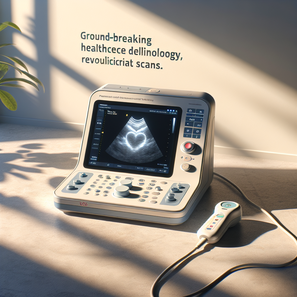 Visualize a photorealistic scene highlighting a portable ultrasound device that features cutting-edge artificial intelligence technology, revolutionizing cardiac scans. The setting includes natural lighting casting gentle shadows around the machine. Attention to detail is given to buttons, screen, and the heart scan image displayed on the monitor. The scene signifies the ground-breaking healthcare advancements, yet retains a sense of tranquility and ease.
