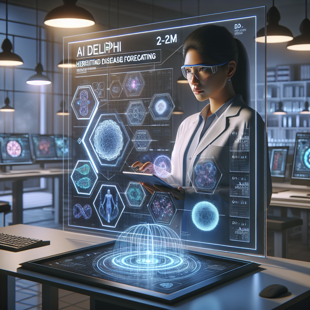 A digitally created, high-quality, photorealistic image. The scene is an elegant laboratory illuminated by natural lighting, forming soft shadows on the tables and equipment. The room is filled with state-of-the-art computers and a holographic display in the center which says: 'AI Delphi 2M: Hereditary Disease Forecasting'. The holograph shows complex genomic data in 3D and some disease prediction infographics. Next to the holograph, there is a black, South Asian scientist wearing safety glasses, looking at the data with an interested gaze. She holds a high-tech tablet in her hands, controlling the holograph display.