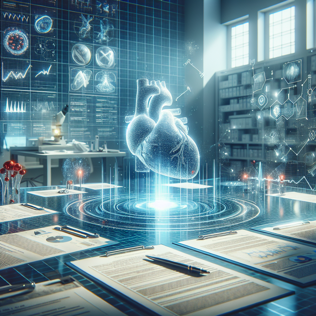 Create a crisp, photorealistic image showcasing an abstract concept of a breakthrough in heart failure treatment. It should symbolize an exclusive research study conducted at a reputable medical institution. The scene should be set against a background of a modern, high-tech laboratory with futuristic medical equipment. Imagine intricate diagrams and graphs reflecting heart studies, papers filled with scientific data scattered over a sleek lab table, and a holographic 3D model of a human heart floating in the middle of the room, glowing with blue light. The image should be suffused with natural lighting and soft shadows, suggesting an atmosphere of hope and progress.