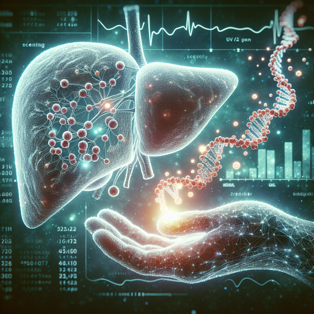 Generate an image that visualizes the breakthrough of Single Nuclear Sequencing in tackling liver diseases. The image should depict a detailed cross-section of a human liver, with the cellular structures illuminated. Show tiny particles, symbolizing the sequencing process, flowing through the liver cells creating a harmonious dance. Include scientific data charts in the backdrop to signify progress. Use natural lighting and soft shadows to ensure a high-quality, photorealistic output.
