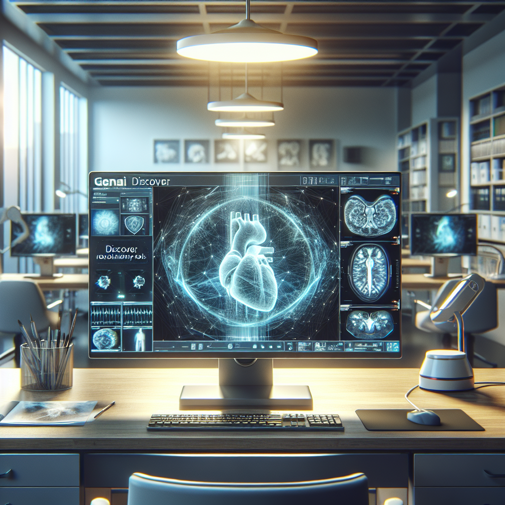 Generate a high-quality, photorealistic image illustrating the concept of advanced medical imaging. The scene should depict a modern research lab with computer monitors showing advanced 3D imaging tools and software. The environment is bathed in natural lighting, creating soft shadows around the room. On one of the monitors, displayed is a message 'GenAI – Discover Revolutionary Tools'. This speaks to the game-changing, technology-driven future of medical diagnostics.