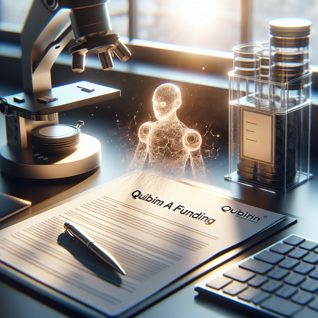 Generate a high-quality, photorealistic image depicting a breakthrough in precision medicine. The scene should capture the essence of a significant discovery moment, embodied by a document titled 'Quibim AI Funding', lying on a modern researcher's desk bathed in natural lighting with soft shadows.