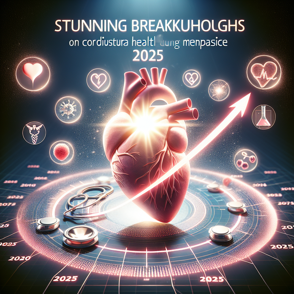 Create a photorealistic image that symbolizes stunning breakthroughs in 2025 related to cardiovascular health during menopause. The image should be imbued with natural lighting source and soft shadows, suggesting optimism and progress. It can include elements such as a heart surrounded by light, an advancing timeline marked with the year 2025, and symbols of health and vitality. The design should exude a scientific and forward-thinking atmosphere.