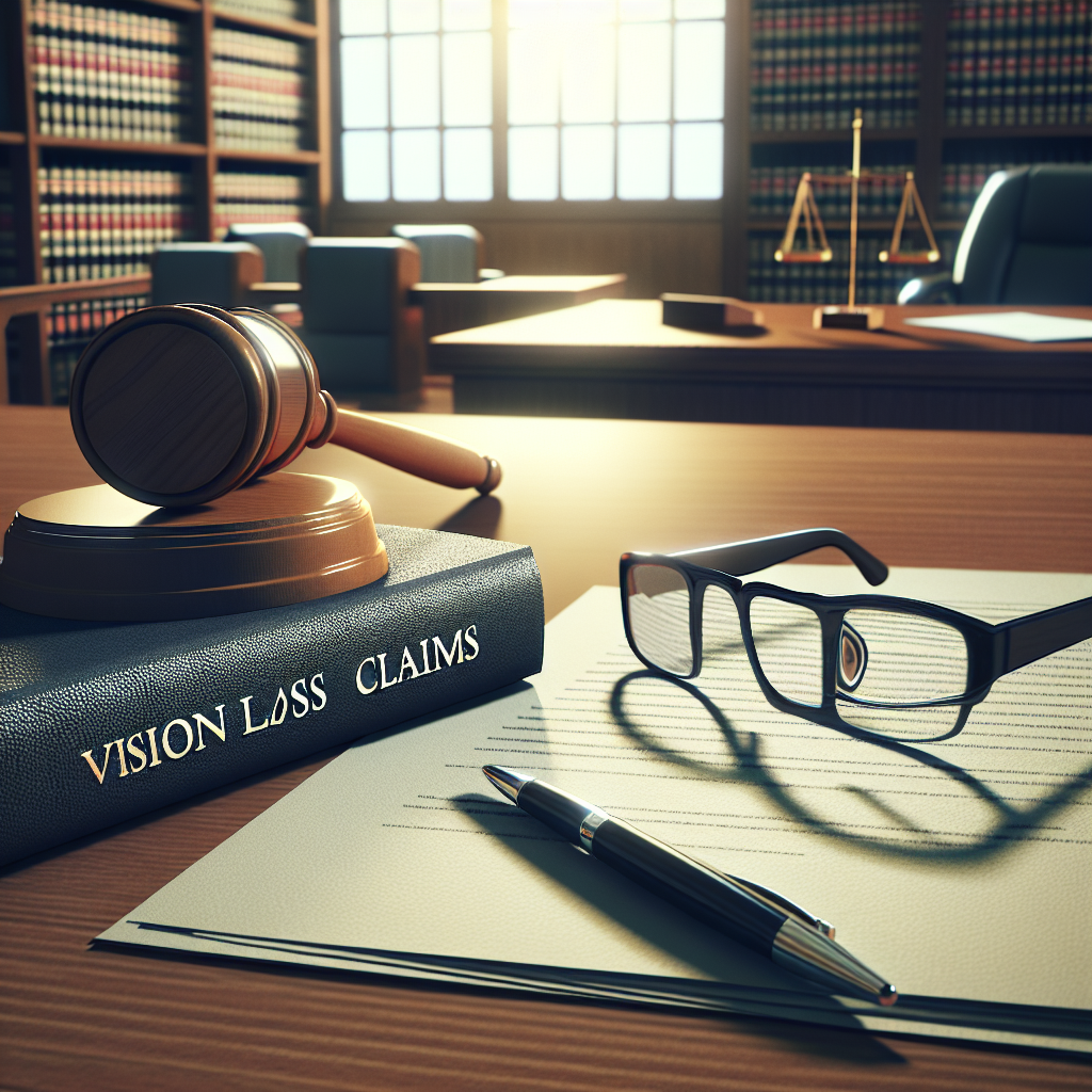 Create a photorealistic image that encapsulates the topic of vision loss lawsuits. The setting should depict a courtroom with natural lighting casting soft shadows, a judge's gavel resting on a thick stack of documents titled 'Vision Loss Claims', and a pair of eyeglasses with a prescription lens on the desk symbolizing vision loss. Keep both composition and color balance in mind for a stunning visual effect.
