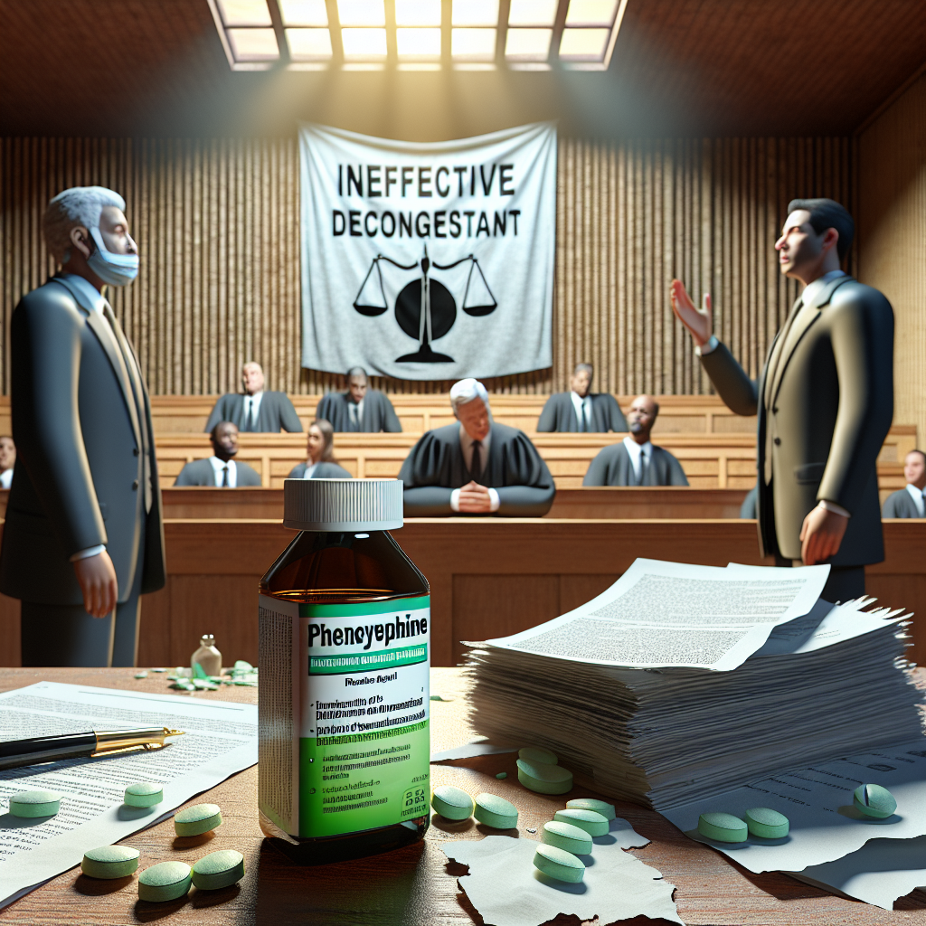 Create a photorealistic image depicting natural lighting and soft shadows. The scene showcases a court room setting with lawyers discussing a lawsuit under the skies of justice. In the foreground lies a bottle of decongestant, specifically Phenylephrine, and in the background a banner stating 'Ineffective Decongestant Fraud' with a shocked expression icon. The shreds of case papers are scattered around indicating the intensity of the scenario.