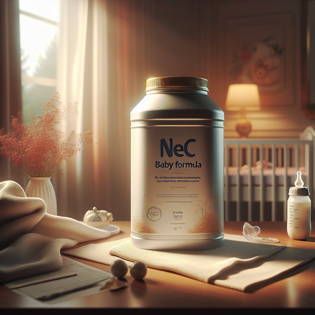 Create a photorealistic image emphasizing natural lighting and soft shadows. The focal point of this image should be a container of 'NEC Baby Formula', marketed as an exclusive solution for preterm nutrition concerns. The container should be prominently displayed and styled to depict it as a nourishing and scientifically advanced solution. The background might include elegant and soft-tone elements such as a baby's bottle, a soft blanket, or a baby's nursery scene. The goal is to depict this baby formula as a trusted and prestigious product for newborn care.
