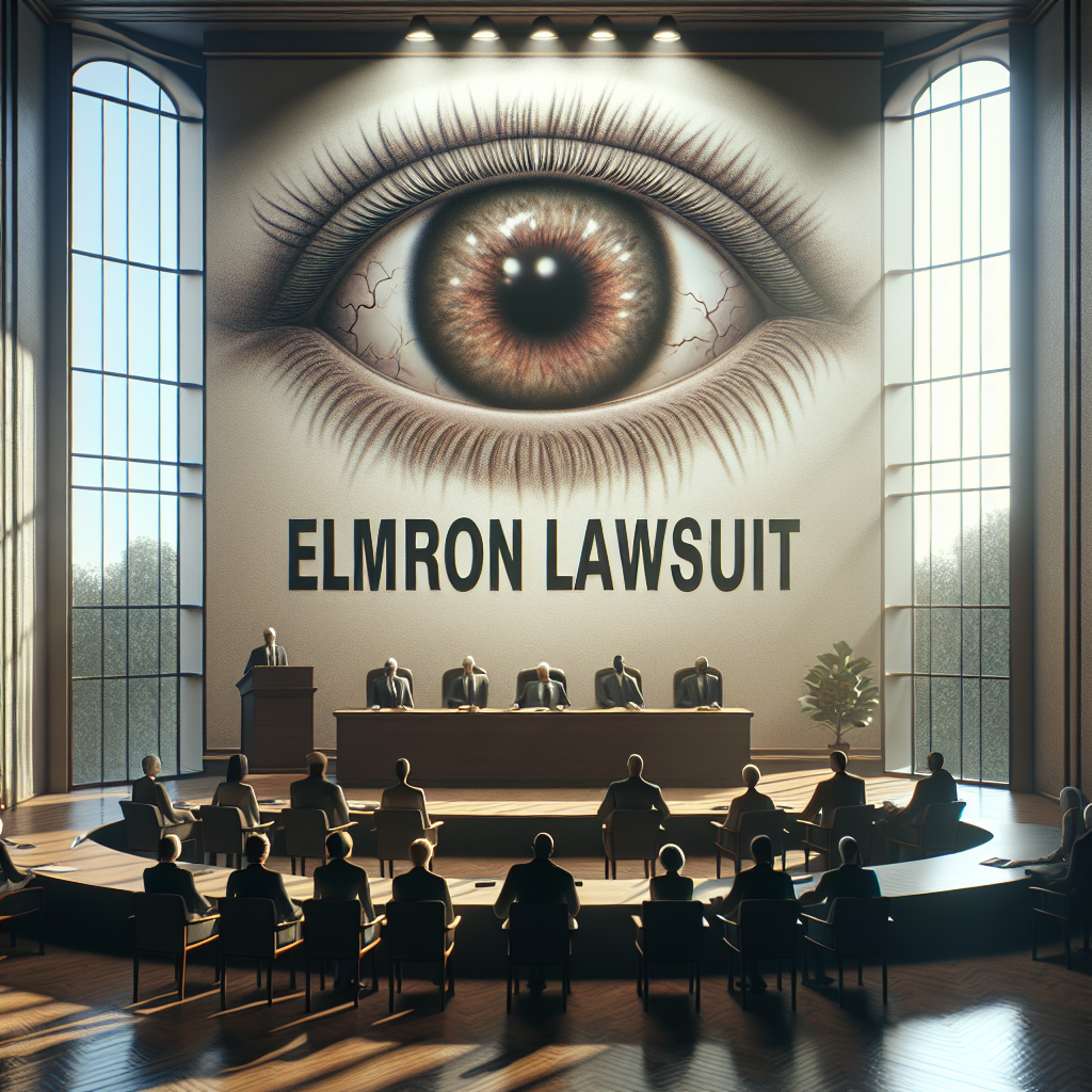 The image should depict a peaceful, serene courtroom environment where a major lawsuit is happening. In the room, there's a big banner displaying the text 'Elmiron Lawsuit'. Observing the banner are a diverse group of individuals, all in formal wear, signifying the seriousness of the case. Framing the scene is a well-lit window, through which natural light seeps in, creating soft shadows in the room. To signify the vision damage aspect: a striking, symbolic representation could be of a large, discolored eye painted or projected on a wall, which would grab immediate attention.