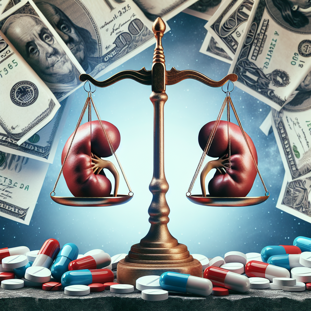 A conceptually abstract image depicting the legal aspect of a kidney lawsuit. Show a balance scale insinuating justice, overlaid with suggestive symbols of kidney and medical pills. The background of the image should reflect a monetary aspect with various denominations of expenses, symbolically depicting a staggering amount of $425M. Create this image with high-quality elements, photorealistic textures, natural lighting and soft shadows.