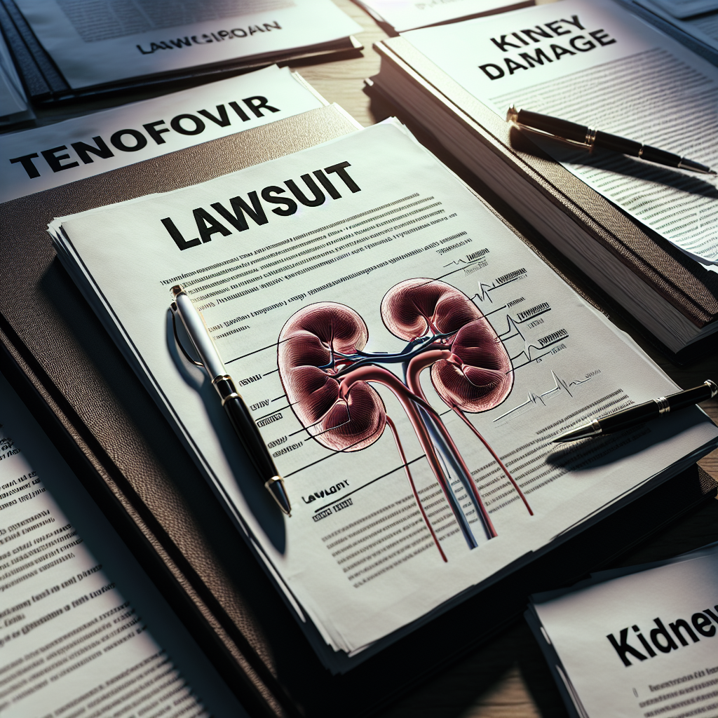 Create an image representing the notion of a big court case related to a medical scenario. Show several documents with words such as 'Tenofovir', 'lawsuit', and 'kidney damage' prominently displayed. Ensure the environment is lit with natural lighting, creating soft shadows. Include a kidneys diagram partially visible through the papers, symbolizing the main issue at hand. Maintain a serious tone throughout the image reflecting the serious nature of the issue.