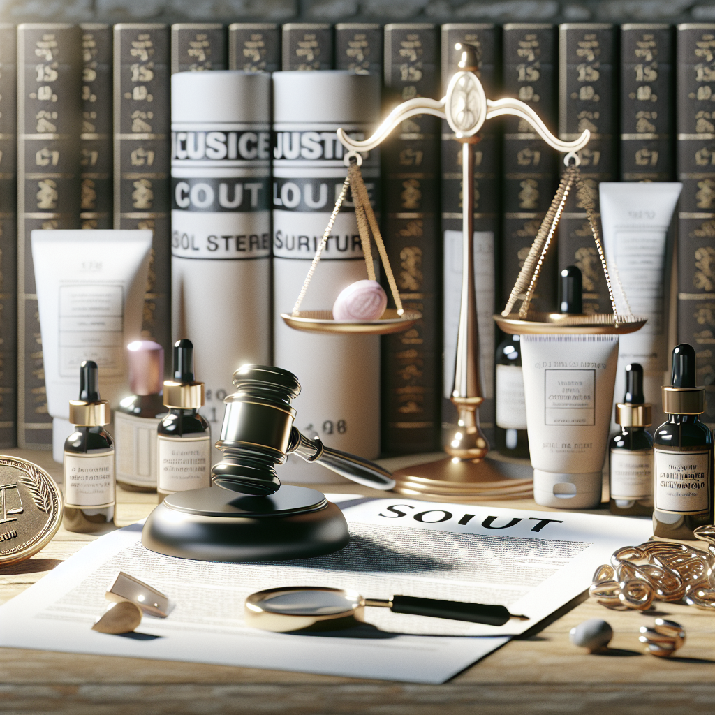Create a high-quality photorealistic image that represents the theme of a lawsuit exposing fraudulent practices in the skincare industry. The image should include elements such as court documents, skincare products with prices tags, and an emblem representing justice such as a balance scale. The scenery should be well-lit with natural light and soft shadows to give the composition a serious and authentic feel.