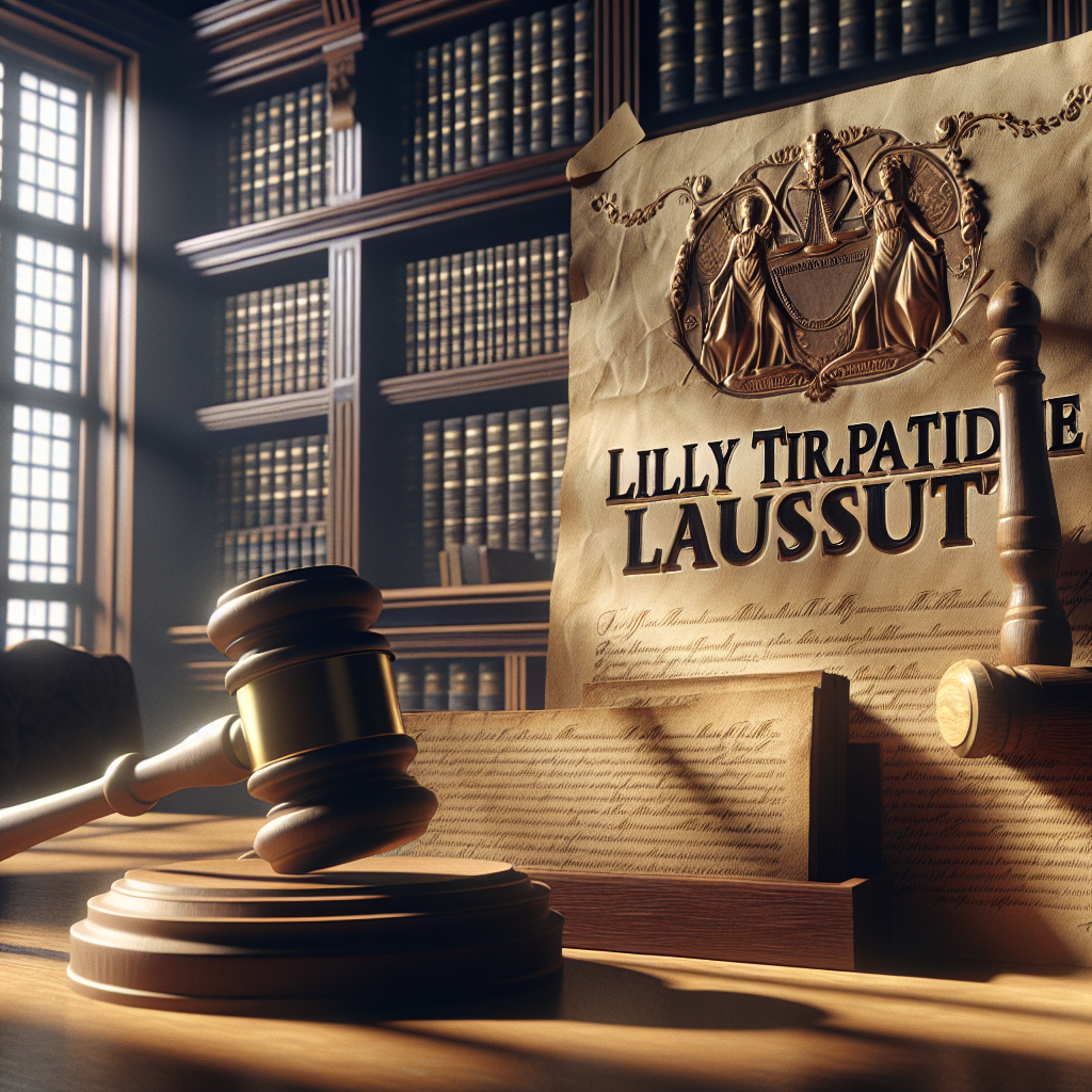 A dramatic and high-quality, photorealistic image showing a symbolic representation of a legal clash regarding the trial of Lilly Tirzepatide. The scene includes a parchment with the embossed words 'Lilly Tirzepatide Lawsuit', a wooden gavel resting next to it indicating authority and judgement. The setting is a classically styled room with historic ambience, abundant bookcases lining the walls. Natural lighting floods in through a large window casting soft, evocative shadows across the room.