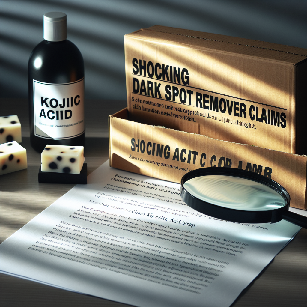 An image highlighting a dramatic and controversial moment during a lawsuit related to Kojic Acid Soap. The scene includes a box of Kojic Acid Soap placed on a table, spotlit under natural light creating soft shadows. Nearby, paperwork contains text that reads: 'Shocking Dark Spot Remover Claims'. The interpretation of the scene suggests aftermath of a legal dispute over the product's remarkable skin lightening efficacy.
