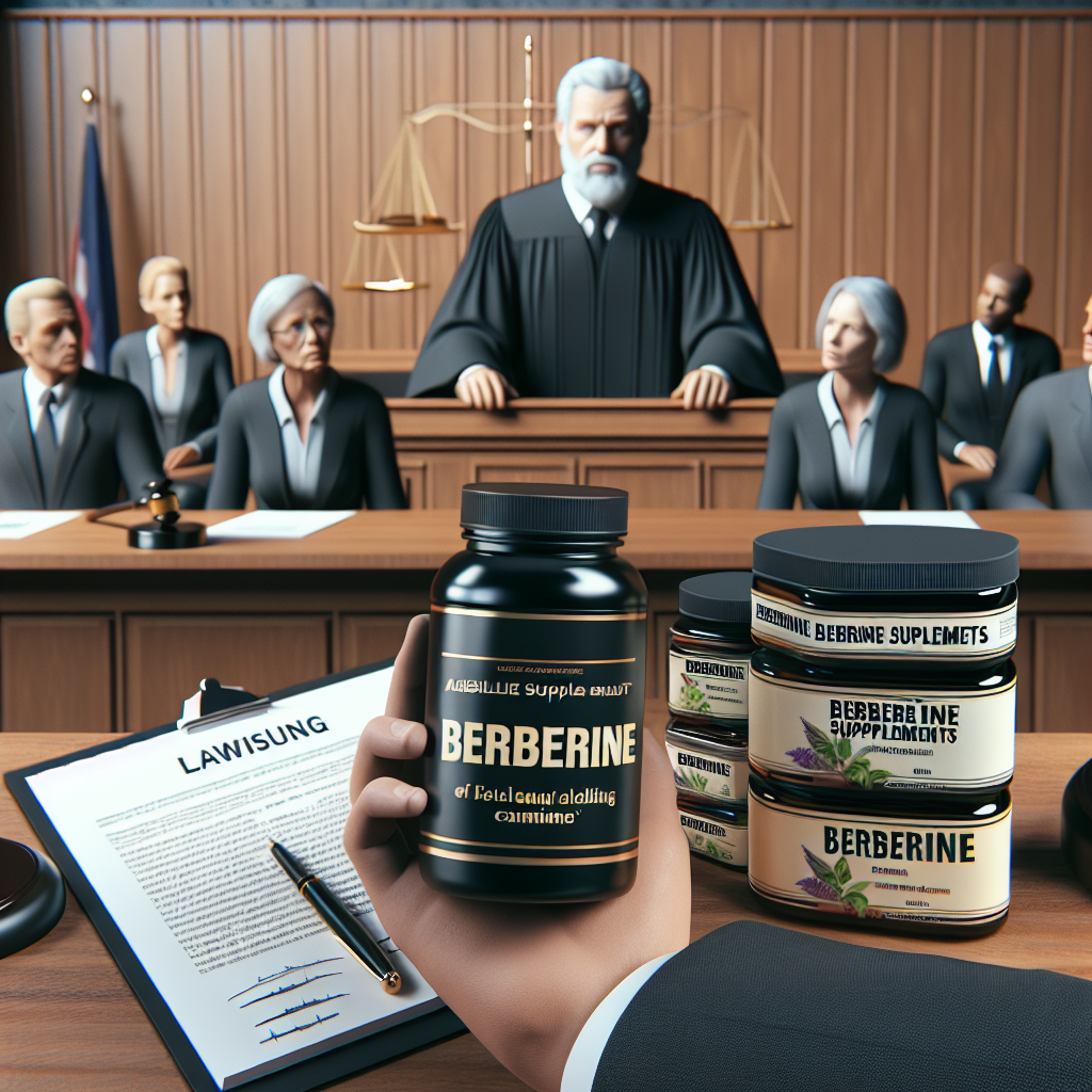 Generate a high-quality, photorealistic image showcasing a scene related to a lawsuit about Berberine Supplements. The scene can include a court scene with a judge, lawyers, and people witnessing. Emphasize the accusation of false labeling claims with example bottles of berberine supplements with ambiguous labeling in the hands of a lawyer. The image should be crafted in natural lighting and soft shadows to add a realistic touch.