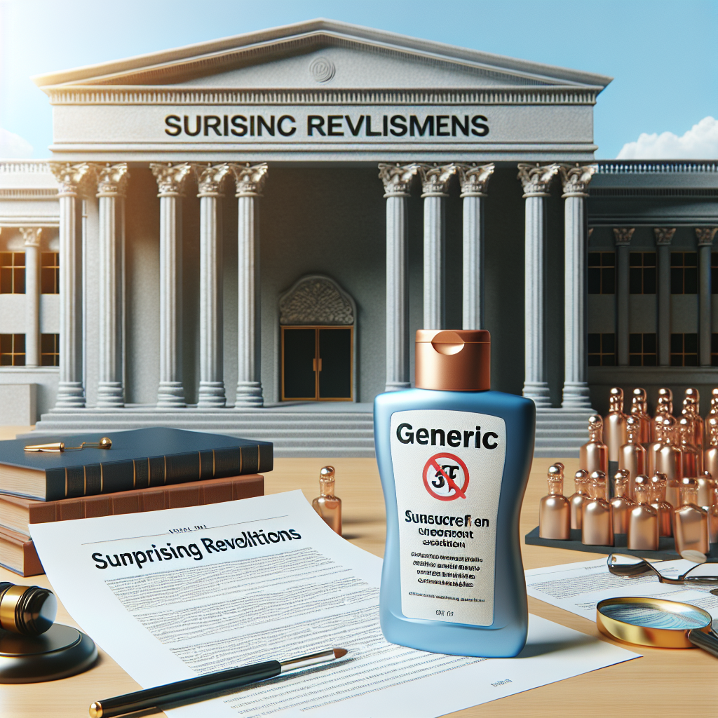 An image containing a visual representation of a generic sunscreen lawsuit, focusing on surprising revelations about incorrect statements. The scene encompass an imposing courthouse, legal documents with highlighted text, and a sunscreen bottle with a crossed-out SPF. All elements are bathed in soft, natural light, adding a sense of realism to the scene.