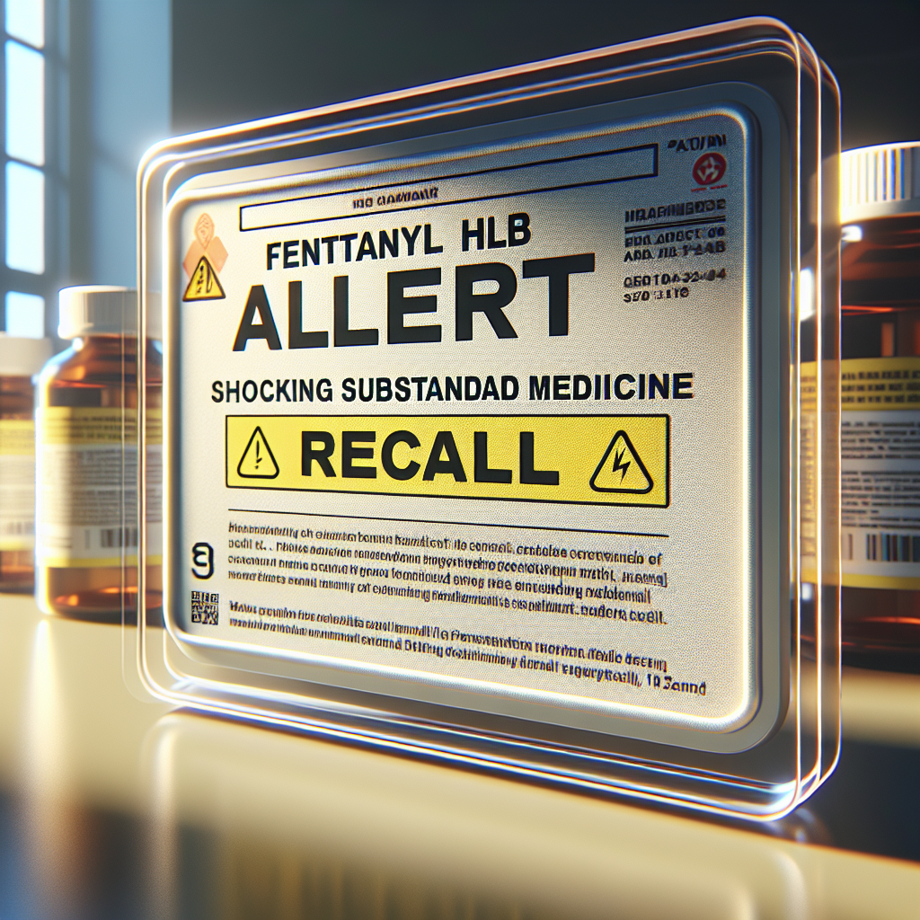 A photorealistic image signifying an alert about a recall of substandard Fentanyl HLB medicine. The image should contain clear text saying 'Fentanyl HLB Alert: Shocking Substandard Medicine Recall'. The setting should be under natural lighting with soft shadows playing on the surfaces. Make sure to include symbols of medical caution such as warning signs or alert icons to emphasize the seriousness of the situation.