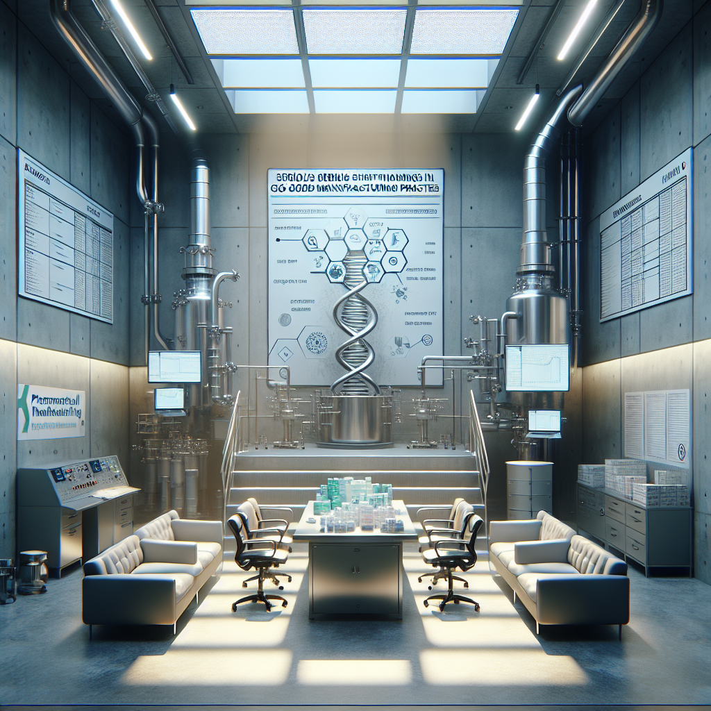 Generate a high-quality, photorealistic image showcasing an abstract representation of serious shortcomings in cGMP (Current Good Manufacturing Practices) standards. Additionally, hint towards a surprising revelation about these violations. Ensure the image features a room that resembles a pharmaceutical manufacturing site with visible regulatory notes posted on the walls. Utilize natural lighting and soft shadows to enhance the scene's atmosphere.