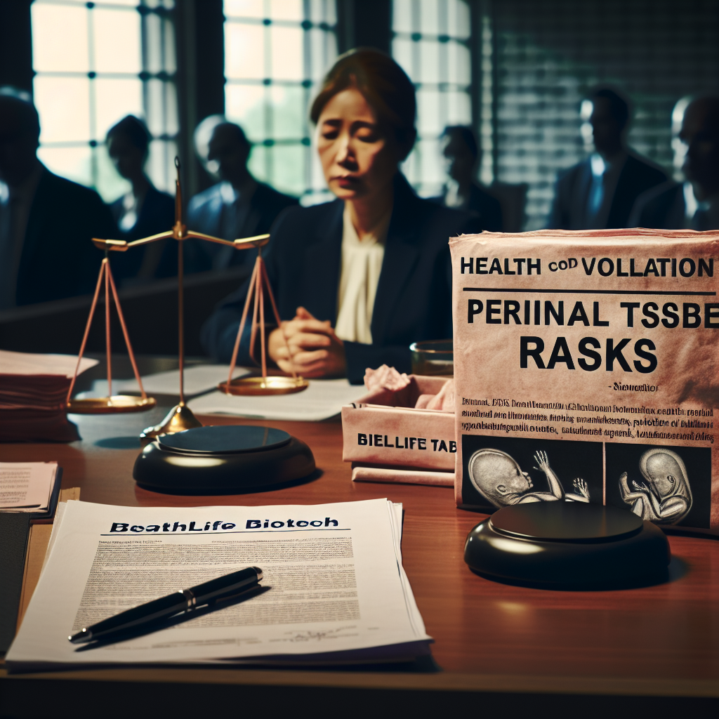 A dramatized court scene related to a health-code violation lawsuit. The case deals with a fictional biomedical company, namely WellLife Biotech, under scrutiny for potential risks linked with perinatal tissue. Included in the scene are various elements such as court personnel, a legal document highlighting 'Perinatal Tissue Risks', a company logo in the background, the mood is solemn, affected by natural lighting and soft shadows.