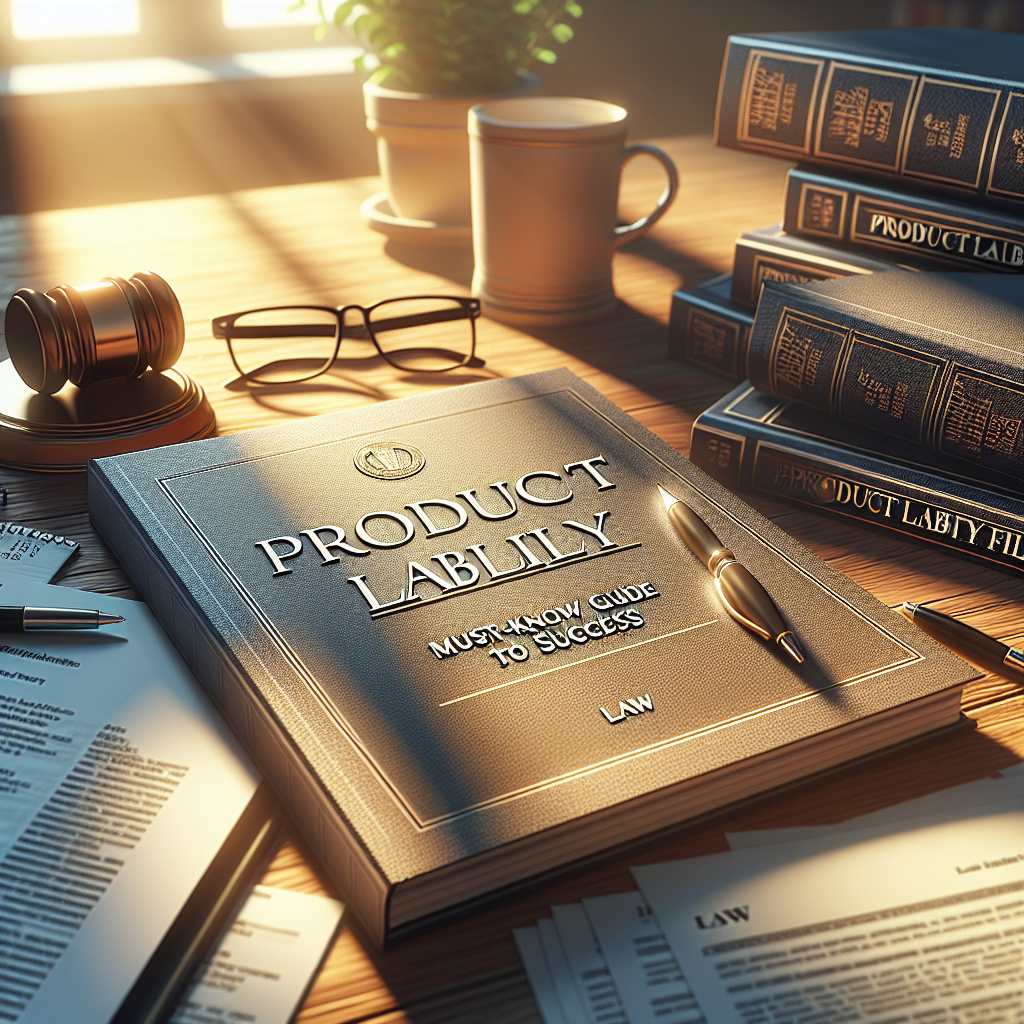 Create a vibrant, highly detailed image that portrays the concept of Product Liability Filing. The scene includes a desk under warm natural light with a stack of legal documents and reports related to product liability. Also include a law book with the title 'Must-Know Guide to Success' opened on the side. Soft shadows cast over the scene, there's also a pen, a pair of glasses, and a coffee cup on the desk. Please ensure the look of the image resembles a serious, professional legal workspace.