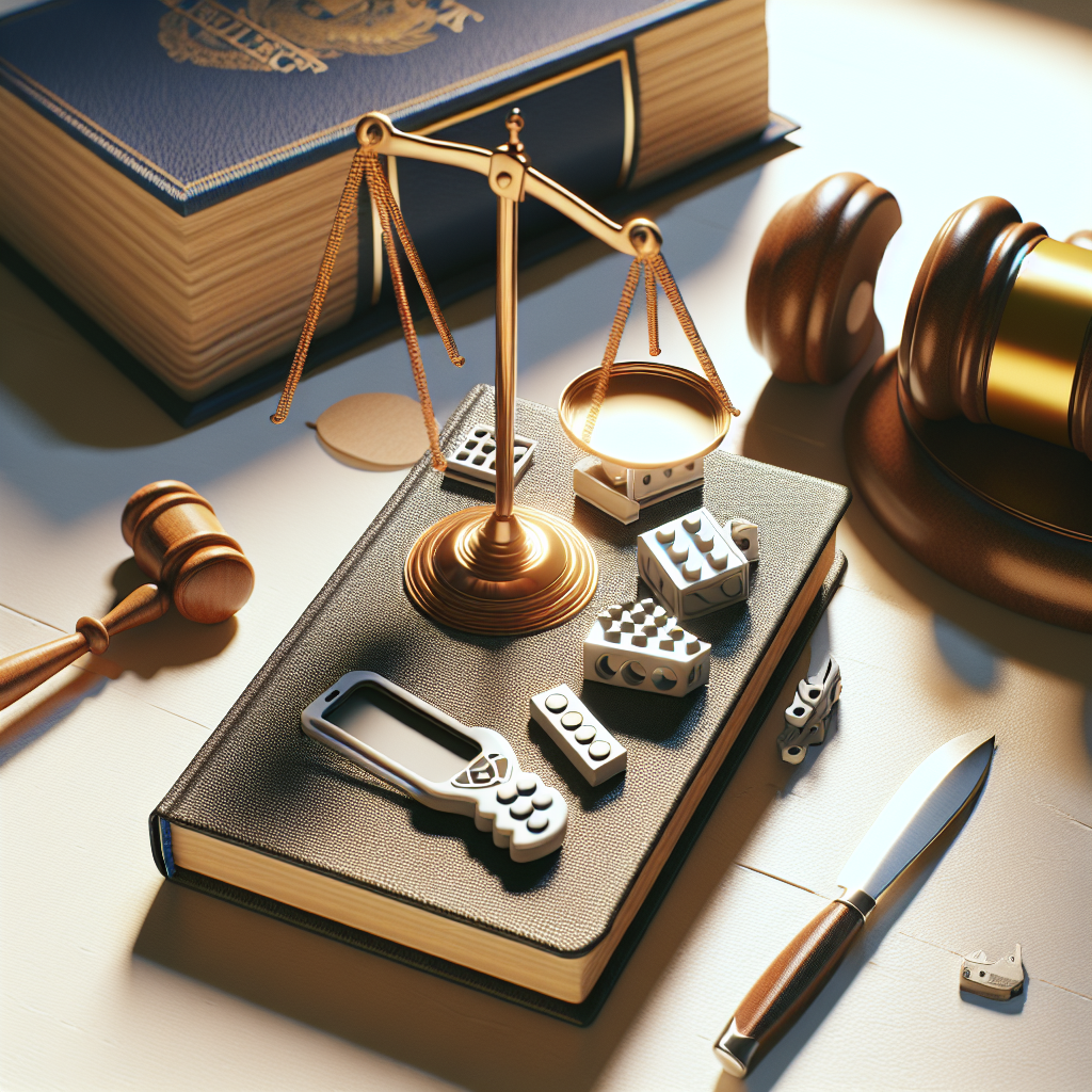 Create an image that represents negligence in product liability. This scene should show symbolic representations of a legal setting and an unsafe product. The scene might include scales of justice, a gavel, or a thick legal book. The product could be a toy with obvious hazards like sharp edges or small, detachable parts. The composition should be detailed, showing the links between these elements, suggesting best-case wins for cases dealing with these issues. The atmosphere should be calm, illuminated with natural daylight providing soft shadows.