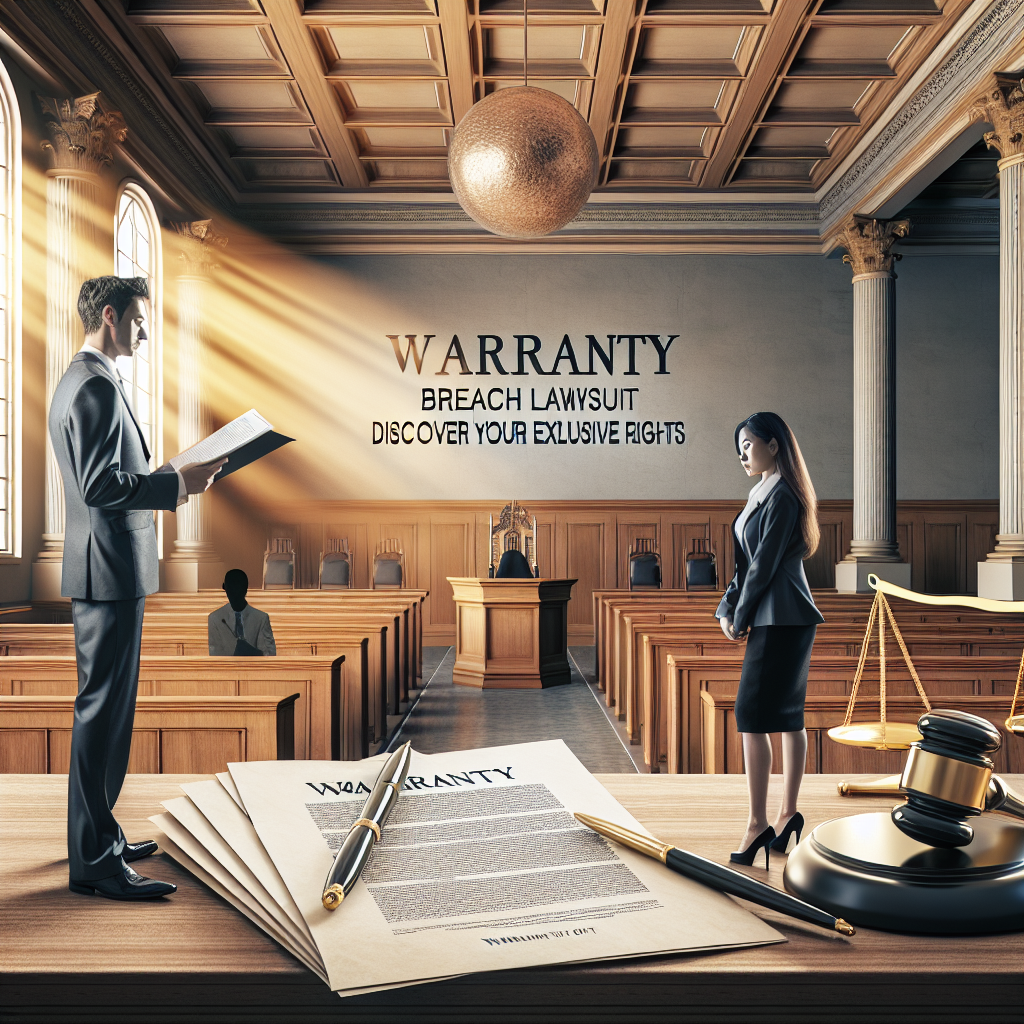 A representation of a warranty breach lawsuit concept: a grand courtroom with high ceilings, wooden benches, and a judge's stand. A stack of legal documents is in front of a South Asian female lawyer standing confidently, while a Caucasian male lawyer is carefully examining a warranty document. Rays of natural light are streaming in through the high windows, casting soft shadows. In the foreground, a gavel and a golden balance scale symbolize justice. Overlay text in elegant font reads: 'Warranty Breach Lawsuit: Discover Your Exclusive Rights'.